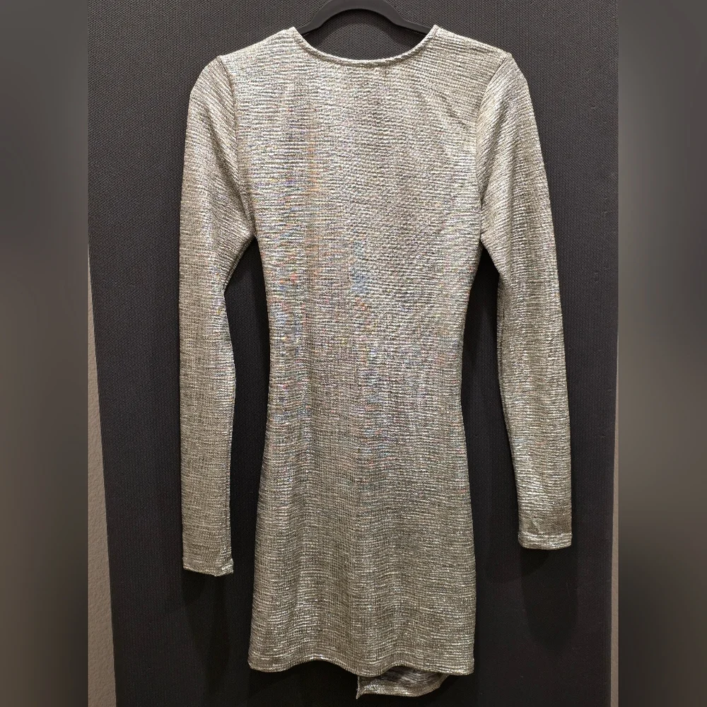 Trixxi Silver Metallic Wrap Dress Long Sleeve Party Disco Sparkle New Years Eve - Picture 3 of 7